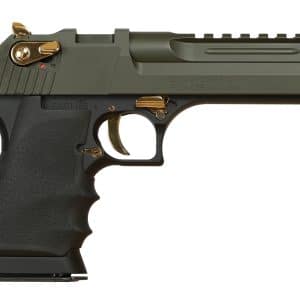 Side view of a semi-automatic pistol with an olive-green slide and gold-colored accents on the hammer and trigger, textured grip visible.