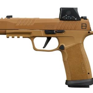 Side view of a tan SIG Sauer P365 pistol with a mounted optic and textured grip.