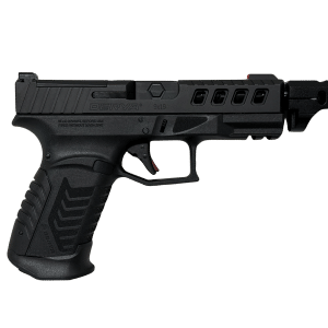 Close-up of a black semi-automatic pistol, showing the slide with 9x19 marking and textured grip.