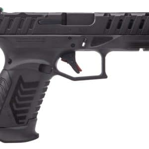 Side view of a black semi-automatic pistol with textured grip and tactical rails on the slide