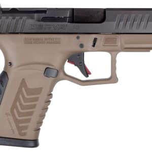 Tan and black semi-automatic pistol shown in profile with textured grip and red trigger safety edge.