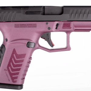 Semi-automatic pistol with a pink frame and black slide shown in profile on a white background