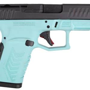 Turquoise toy dart blaster with a black top, side profile of a handheld foam-gun.
