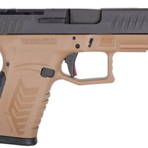 Side view of a two-tone semi-automatic handgun replica with a tan grip and black slide.