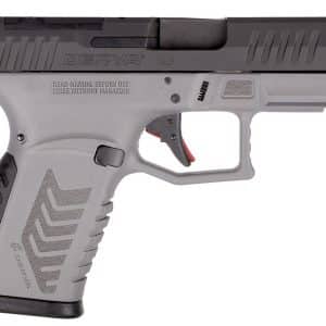 Side view of a gray and black semi-automatic handgun replica with a textured grip and red trigger accents