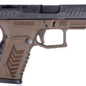 Side view of a tan polymer-frame 9mm pistol with a black slide and textured grip, showing brand markings (DERYA).