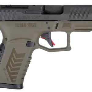 Side view of a beige polymer-frame handgun with a black slide and textured grip; red trigger visible.
