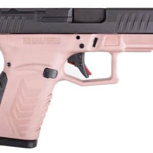 Side view of a pink plastic toy pistol with a black slide and textured grip, resembling a semi-automatic handgun.