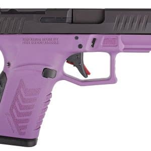 Purple Nerf-style toy pistol with black slide and textured grip for pretend play