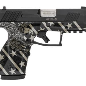 Profile view of a semi-automatic pistol with a grayscale star-and-stripe pattern on the grip and slide texturing.
