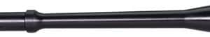 Black rifle scope viewed from the side, showing long, cylindrical optic with adjustment rings