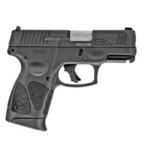 Side view of a compact black semi-automatic pistol with a textured grip and serrated slide.
