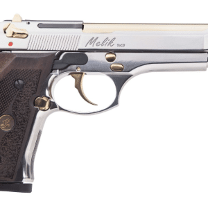 Side view of a silver semi-automatic pistol with a wooden grip and gold-tone accents on the sights and trigger area, viewed from the left side.