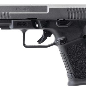 Side view of a black semi-automatic handgun (RP9 Exodus) with a textured grip and accessory rail under the barrel.