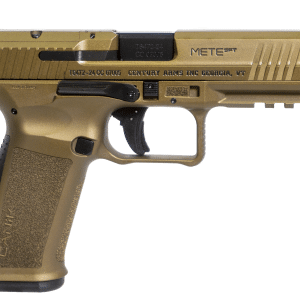Tan semi-automatic pistol shown in profile with textured grip and exposed hammer area; engraved markings include Century Arms Inc., Georgia, VT and Made in Turkey