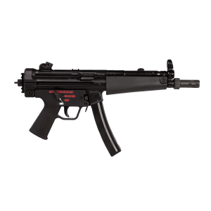 Close-up side view of a black assault rifle with a pistol grip, long barrel, and front sight against a black background.