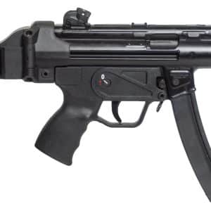Black assault rifle with folding stock, pistol grip, and curved magazine in profile view, laid horizontally on white background.