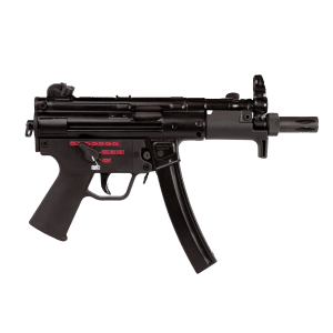Close-up of a black rifle's midsection and sights, facing right, against a black background.