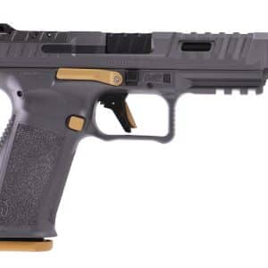 Close-up side view of a semi-automatic pistol with a textured grip and gold-colored trigger on a white background.