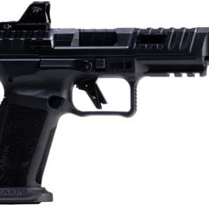 Black semi-automatic pistol shown in profile with a textured grip and raised sights on a white background, side view symmetry evident.