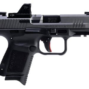 Close-up of a black Glock semi-automatic pistol, left-side view showing slide and grip.
