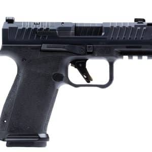 Semi-automatic handgun in left-side profile with a textured grip and accessory rail under the barrel rail