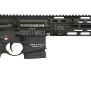 Black semi-automatic rifle with an adjustable stock and long modular handguard on a white background.