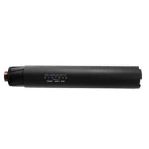 Black cylindrical firearm suppressor with a copper-colored muzzle cap, shown in profile on a white background