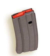 Gray curved handgun magazine with a red follower at the top, tilted on its side