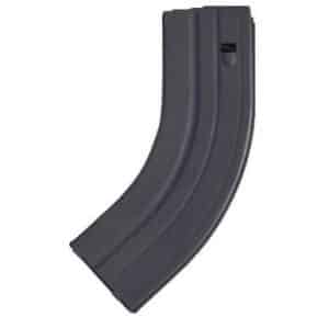 Curved dark-gray rifle magazine against a white background (ammo feeding part)