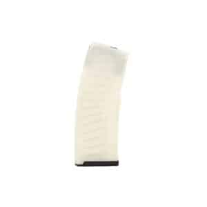 White curved firearm magazine with a black base plate, viewed from the side.