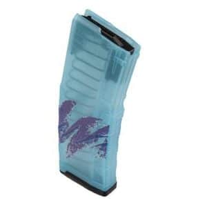 Translucent blue toy gun magazine with a purple paint smear, shown at an angle on a white background.