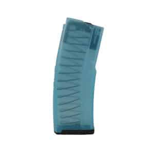Blue translucent handgun magazine with ribbed sides and a black baseplate, standing upright.