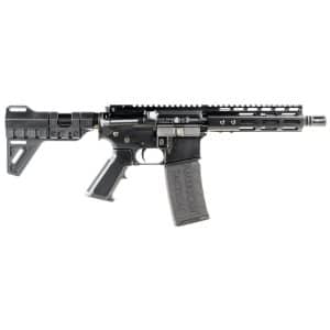 AR-style black tactical rifle with collapsible stock, pistol grip, and a long handguard with M-LOK slots on white background