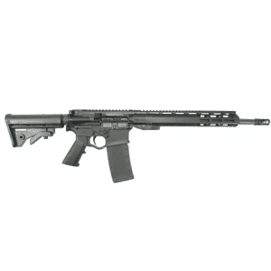Black modern semi-automatic rifle with collapsible stock, pistol grip, and long quad-rail handguard, magazine inserted, shown in profile.