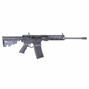 Black semi-automatic rifle shown in profile with adjustable stock and long barrel