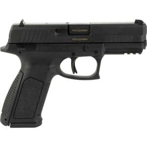 Black semi-automatic pistol in a right-side profile with a textured grip and trigger guard.