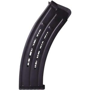 Black curved rifle magazine with vent-like side slots and a flat baseplate at the bottom