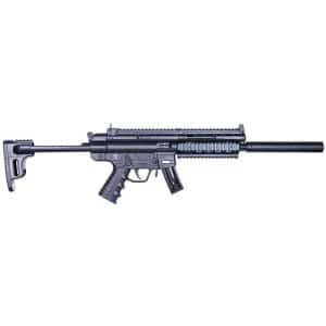 Black tactical rifle with a long barrel and suppressor on a white background.