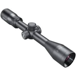 Black rifle scope with adjustable turrets and objective lens, angled view