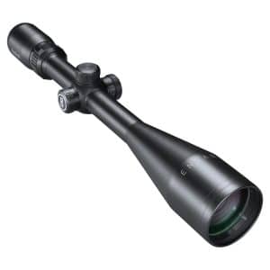 Black rifle scope with adjustable turrets and a large front lens, shown from a tilted angle.