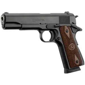 Chiappa 1911 semi-automatic pistol side view with black finish and brown textured grip panels.