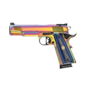 Rainbow-colored toy pistol with a metallic gradient finish and a blue grip on the handle.