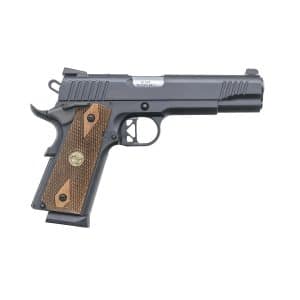 Left-side profile of a dark semi-automatic pistol with brown checkered wooden grip panels and a detachable magazine baseplate visible at the grip.