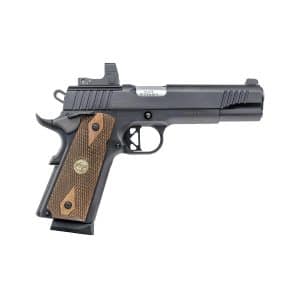 Side view of a black semi-automatic pistol with brown checkered wooden grips on a white background.