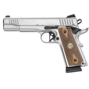 Silver, semi-automatic pistol with brown textured wooden grips, side view (Chiappa 1911).