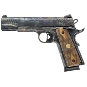 Handgun with a camouflage finish and brown checkered grip, shown in profile.