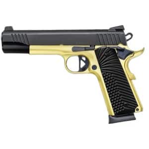 Gold-tone semi-automatic pistol with a black slide and textured black grip shown in profile.