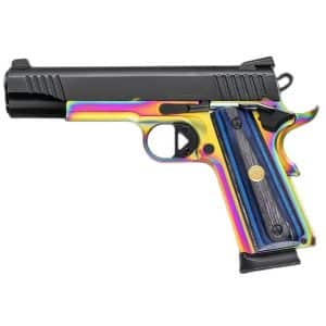 Rainbow-finished semi-automatic handgun with a black slide and blue-wood grip panels on a white background.