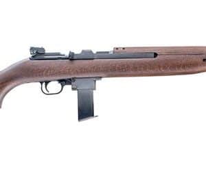 Profile view of a bolt-action rifle with a wooden stock and exposed magazine
